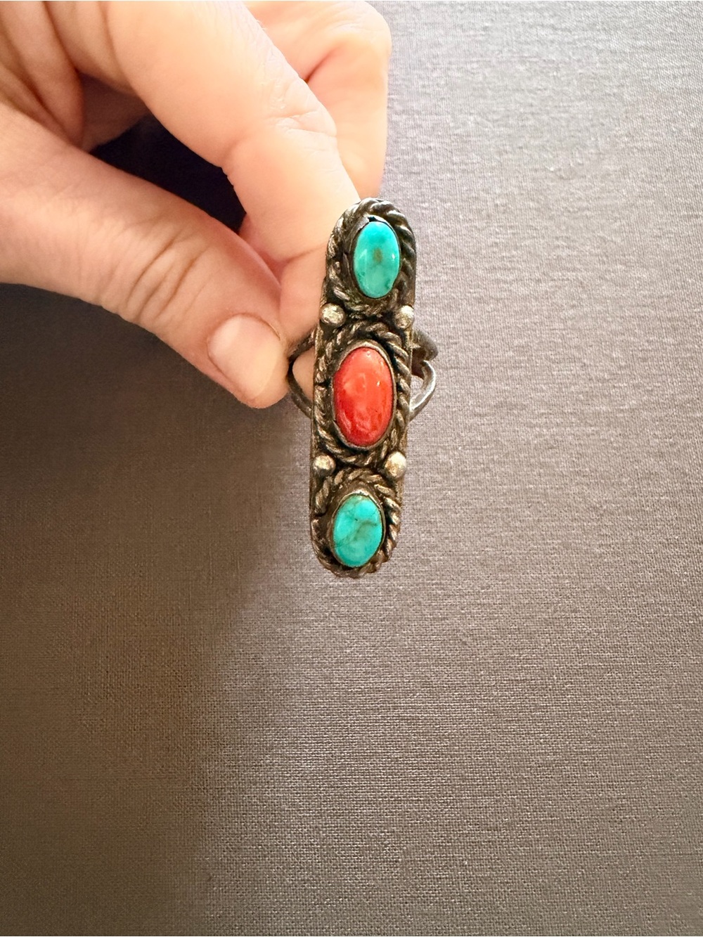 Sterling Style Turquoise and Coral Long Statement Ring - Turquoise/Coral